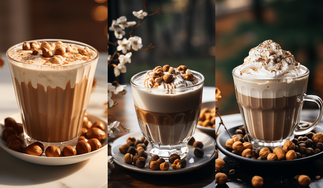 AI-generated hot chocolate with hazelnut creme in different locations