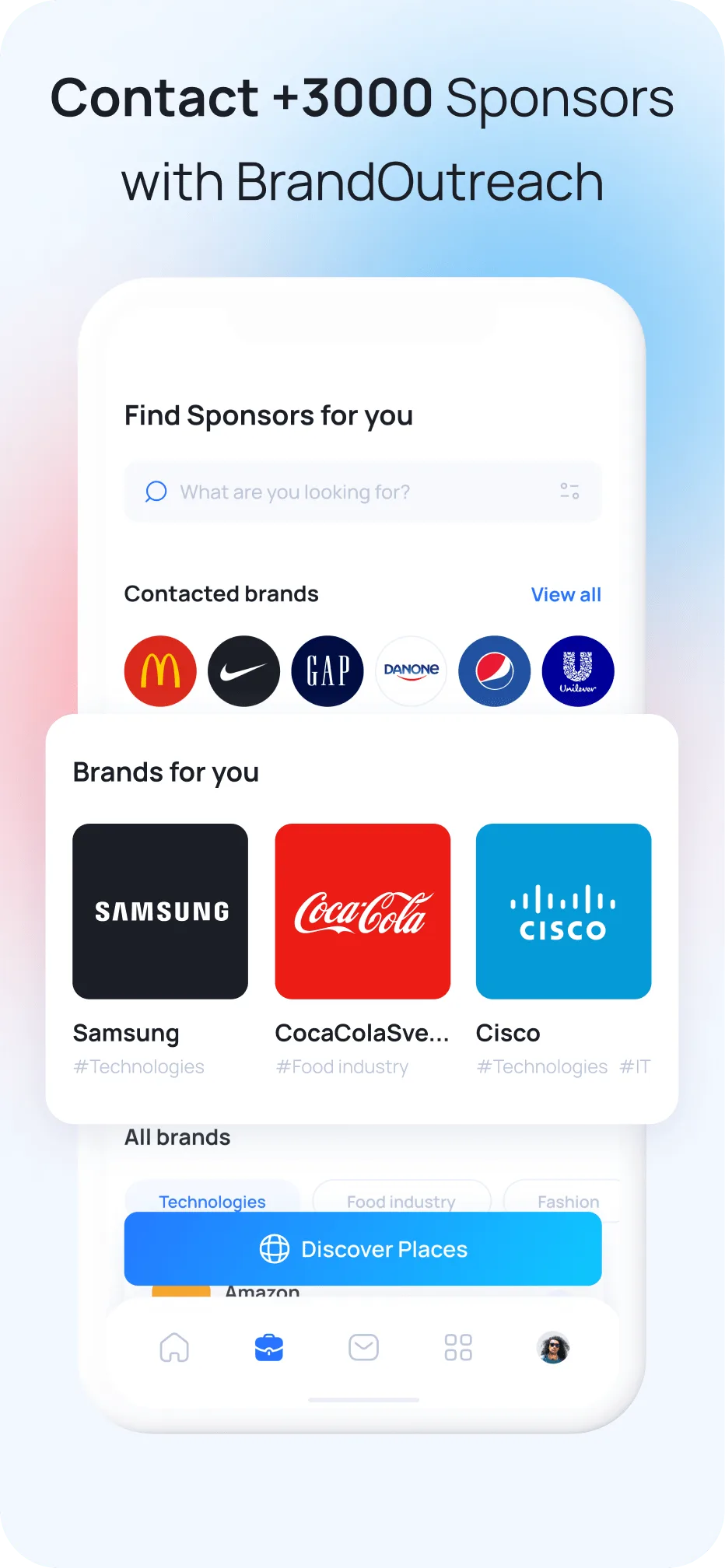 MySocial sponsor search tool showing brand database with logos and category filters
