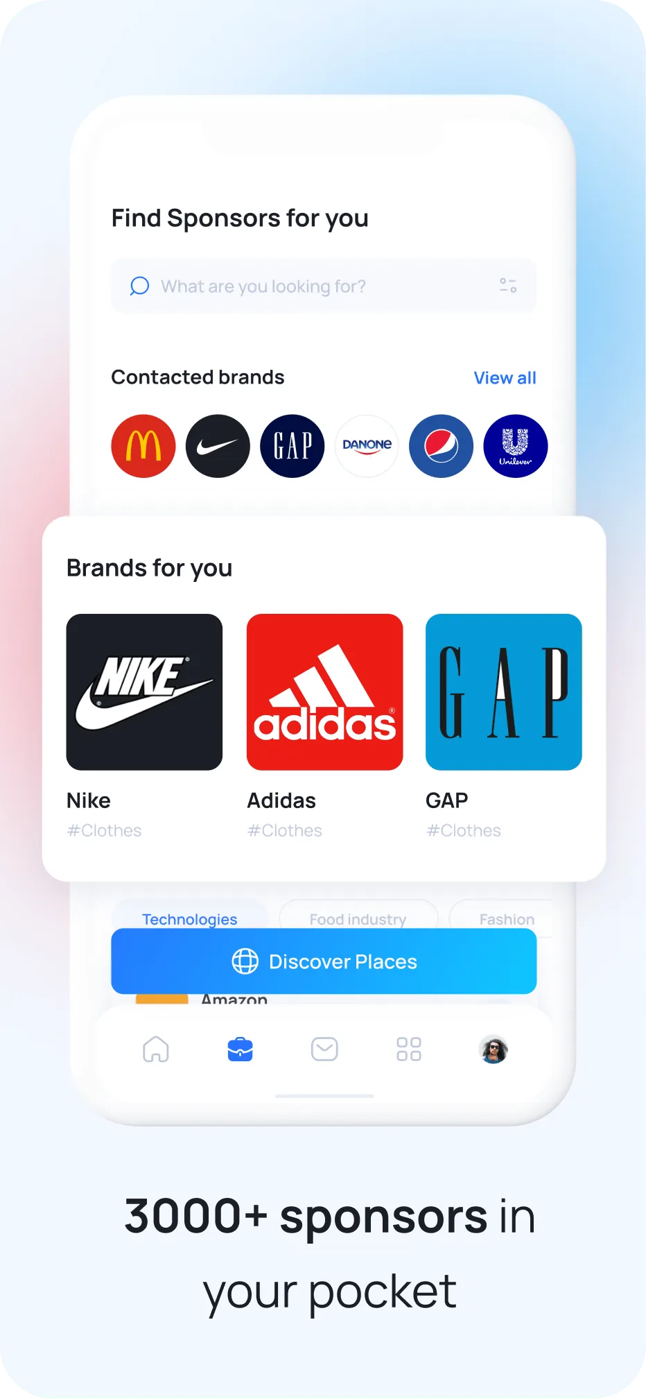 MySocial sponsor search showing clothing brands like Nike, Adidas, and GAP with industry filtering