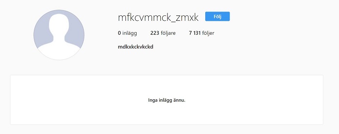 A fake Instagram bot account with no profile picture, zero posts, a nonsense username, and following over 7,000 accounts